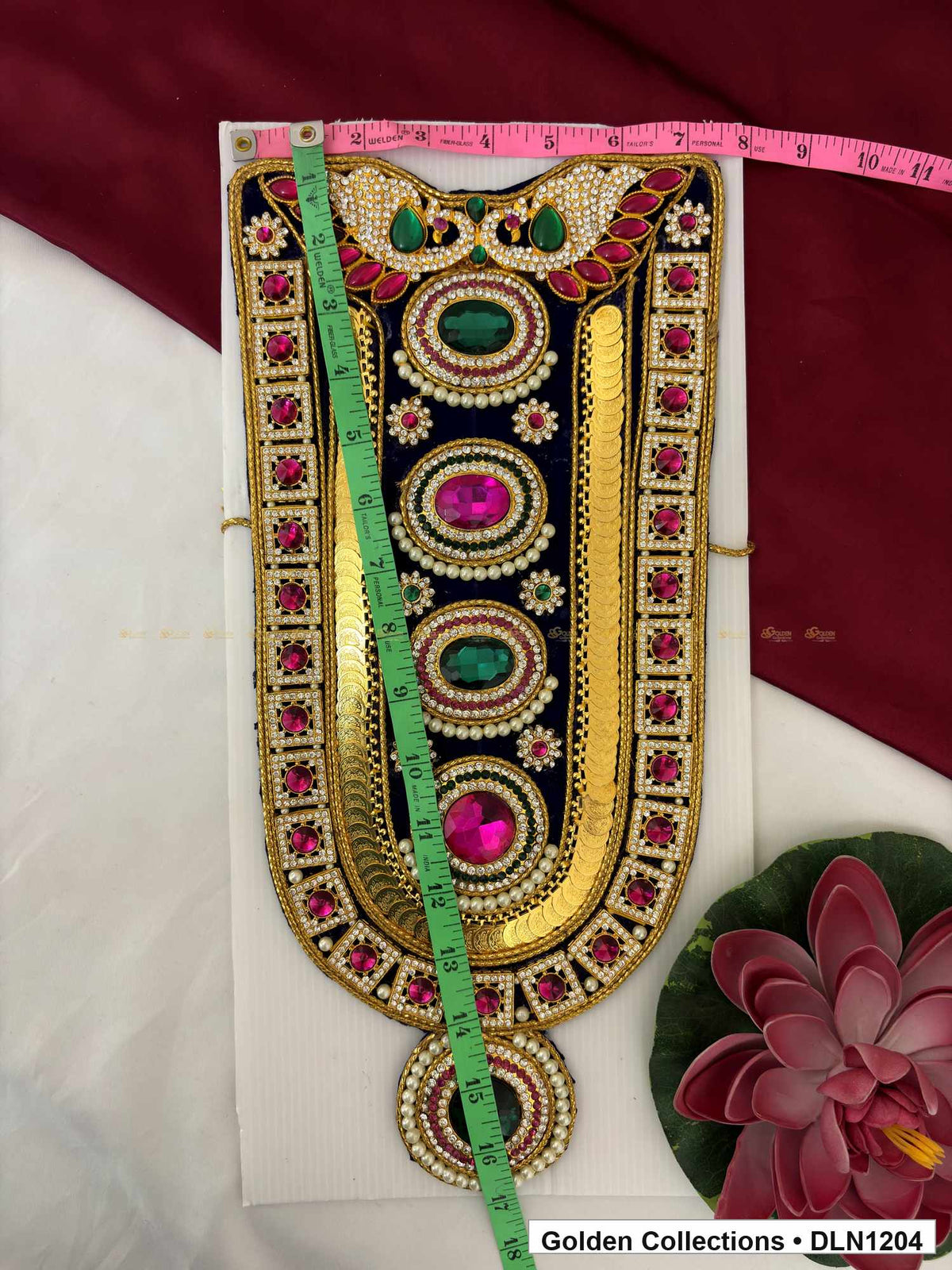 Magenta Border Green Oval Panel Deity Long Necklace for Idol Alankaram full product view for deity idol alankaram