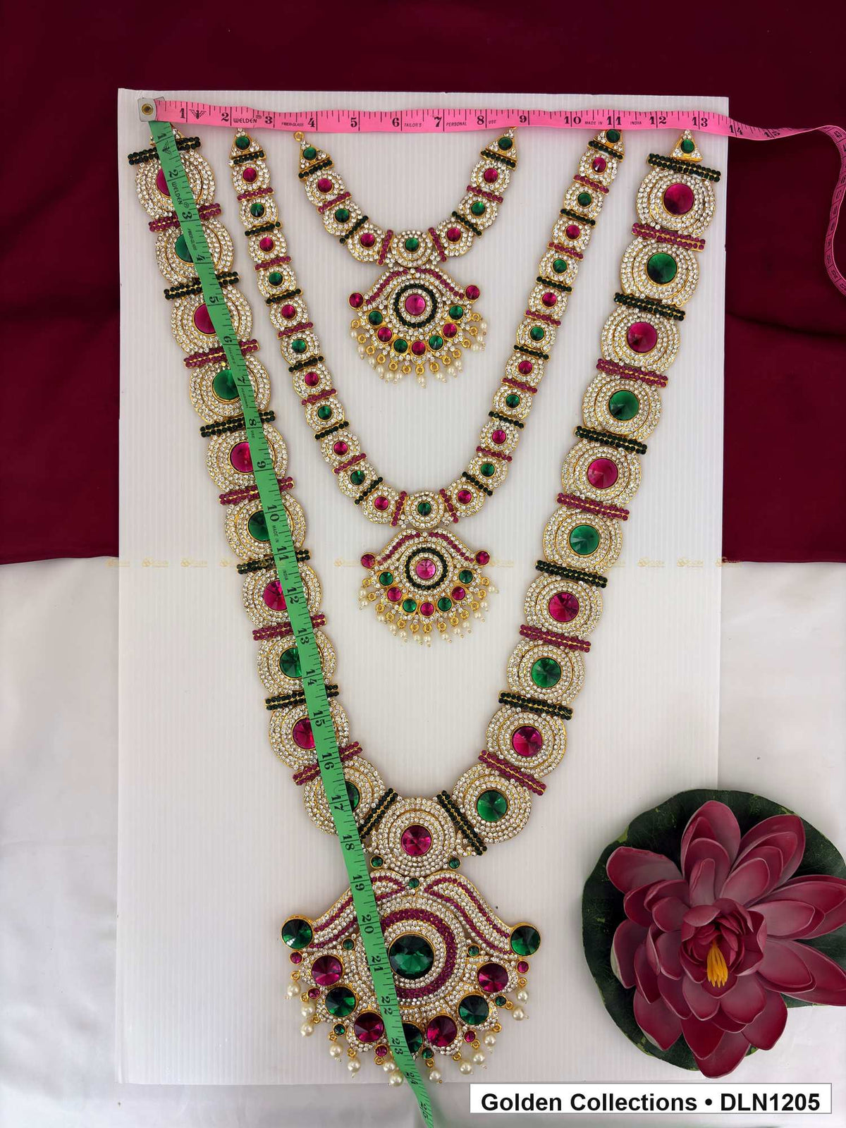 Alternate product view of Green Magenta Triple Tier Fan Drop Deity Long Necklace for Idol Alankaram for deity idol alankaram