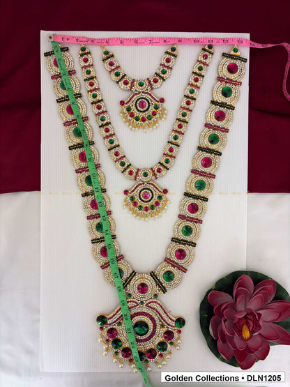 Alternate product view of Green Magenta Triple Tier Fan Drop Deity Long Necklace for Idol Alankaram for deity idol alankaram