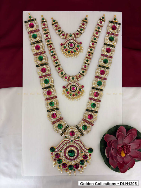 Green Magenta Triple Tier Fan Drop Deity Long Necklace for Idol Alankaram full product view for deity idol alankaram