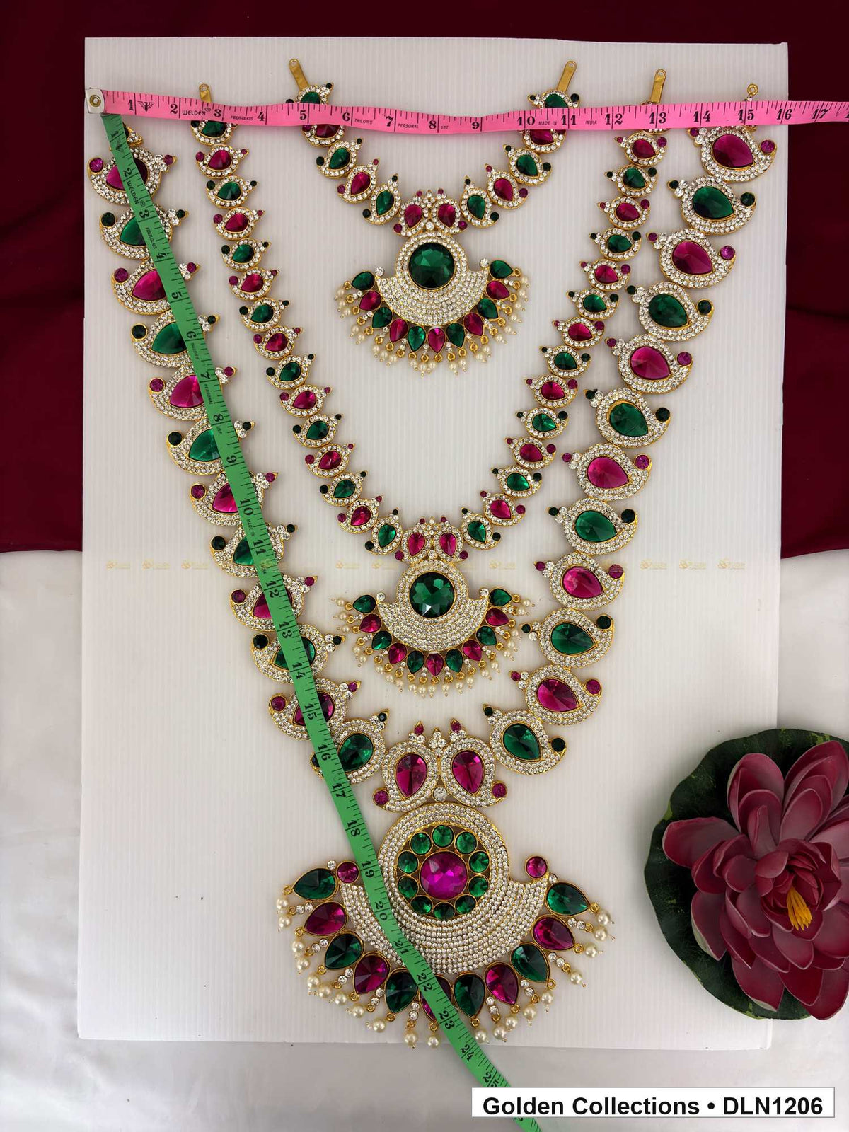 Alternate product view of Red Green Teardrop Triple Tier Deity Long Necklace for Idol Alankaram for deity idol alankaram