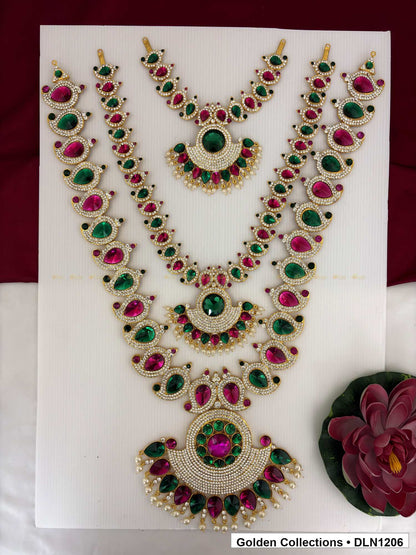 Red Green Teardrop Triple Tier Deity Long Necklace for Idol Alankaram full product view for deity idol alankaram