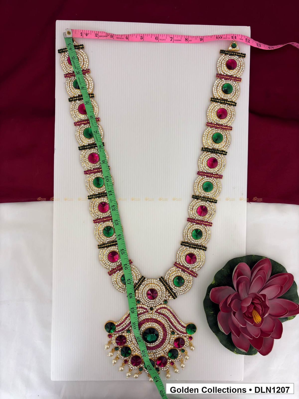 Alternate product view of Alternating Red Green Square Fan Deity Long Necklace for Idol Alankaram for deity idol alankaram