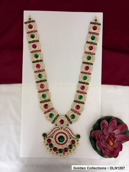 Alternating Red Green Square Fan Deity Long Necklace for Idol Alankaram full product view for deity idol alankaram