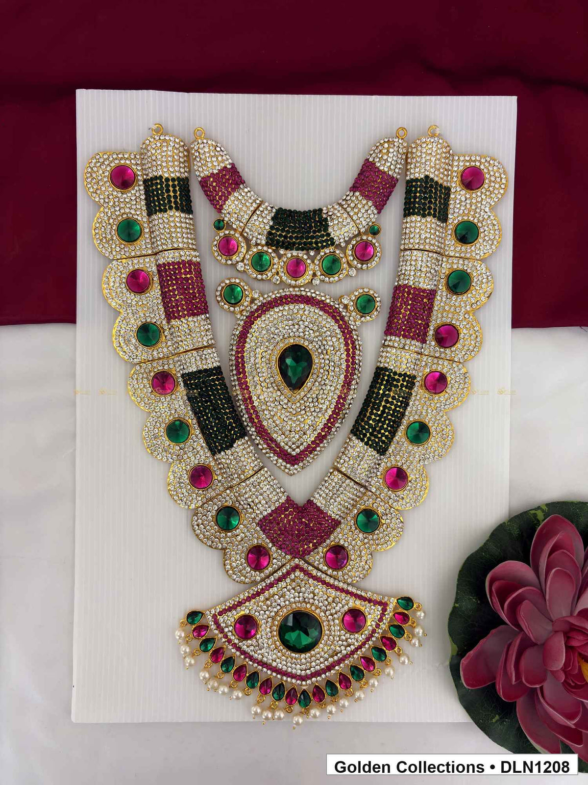 Multicolor Striped Teardrop Panel Deity Long Necklace for Idol Alankaram full product view for deity idol alankaram