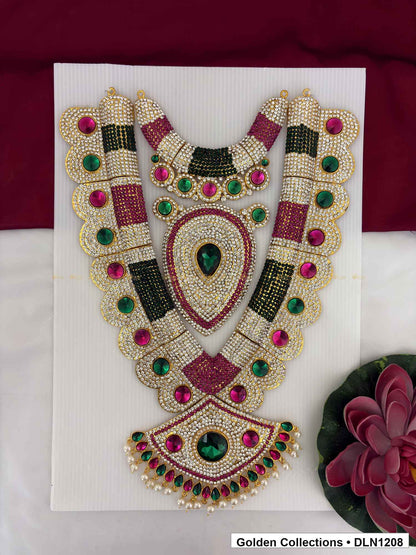 Multicolor Striped Teardrop Panel Deity Long Necklace for Idol Alankaram full product view for deity idol alankaram