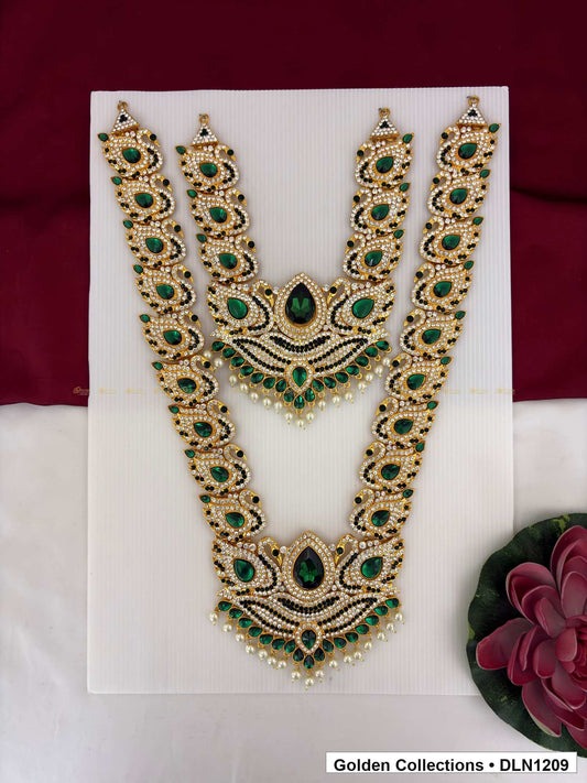Green Paisley Double Layer Deity Long Necklace for Idol Alankaram full product view for deity idol alankaram