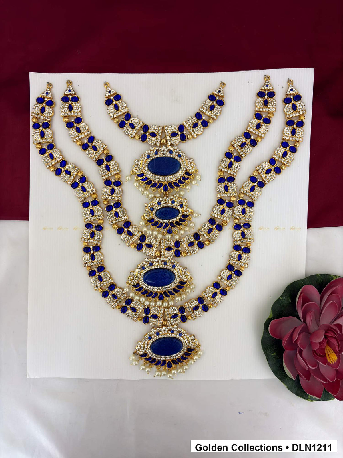 Deep Blue Triple Tier Oval Deity Long Necklace for Idol Alankaram full product view for deity idol alankaram