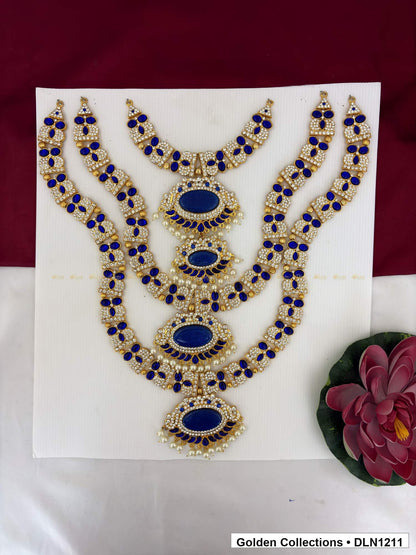 Deep Blue Triple Tier Oval Deity Long Necklace for Idol Alankaram full product view for deity idol alankaram