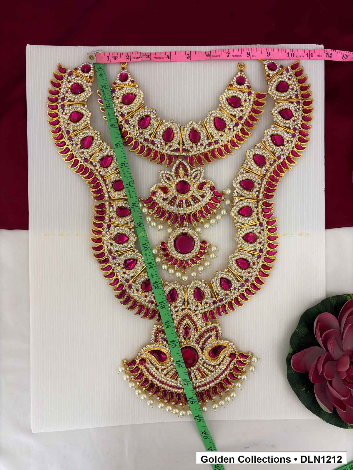 Alternate product view of Red Teardrop Layered Fan Deity Long Necklace for Idol Alankaram for deity idol alankaram