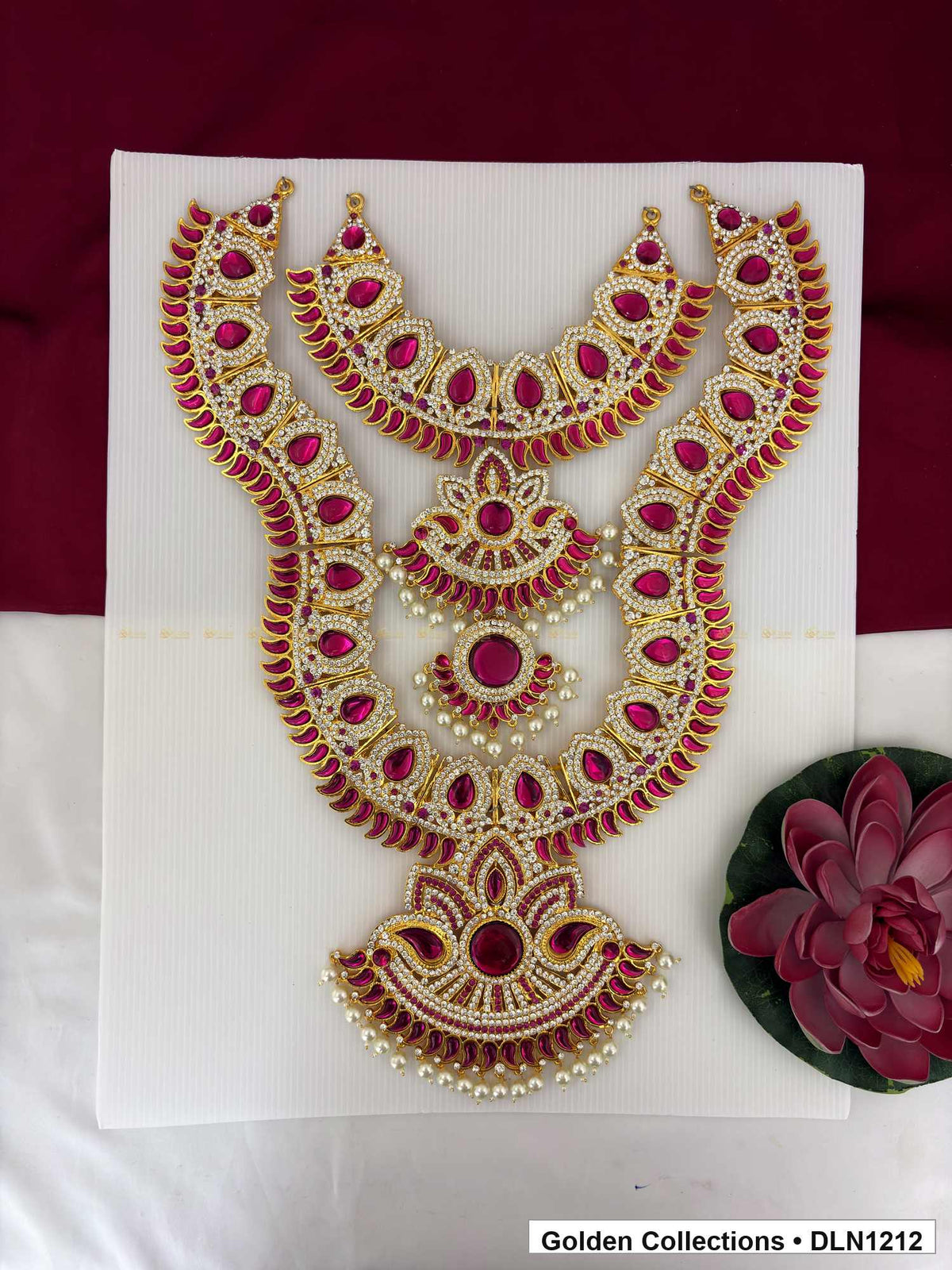 Red Teardrop Layered Fan Deity Long Necklace for Idol Alankaram full product view for deity idol alankaram