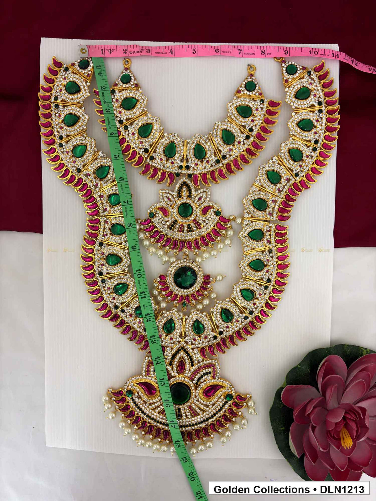 Alternate product view of Green Teardrop Red Fringe Deity Long Necklace for Idol Alankaram for deity idol alankaram