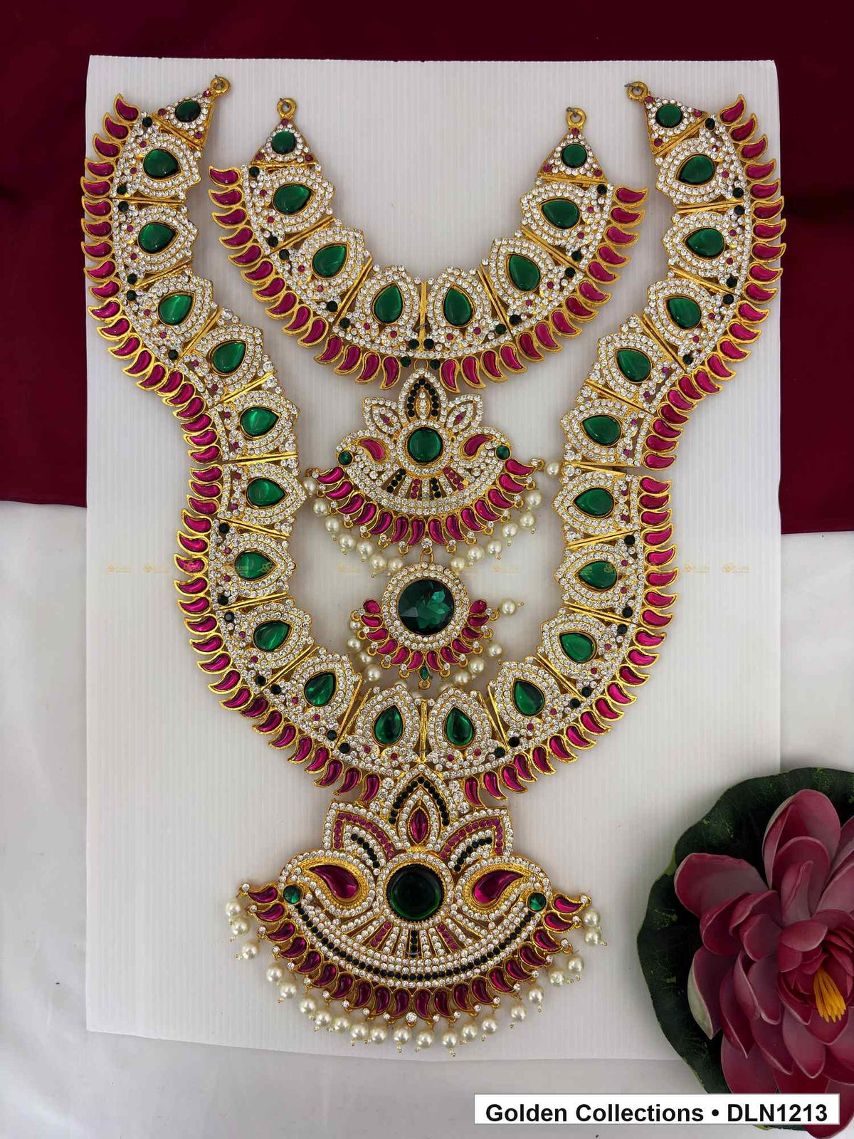 Green Teardrop Red Fringe Deity Long Necklace for Idol Alankaram full product view for deity idol alankaram