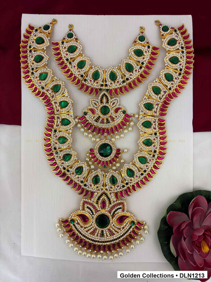 Green Teardrop Red Fringe Deity Long Necklace for Idol Alankaram full product view for deity idol alankaram