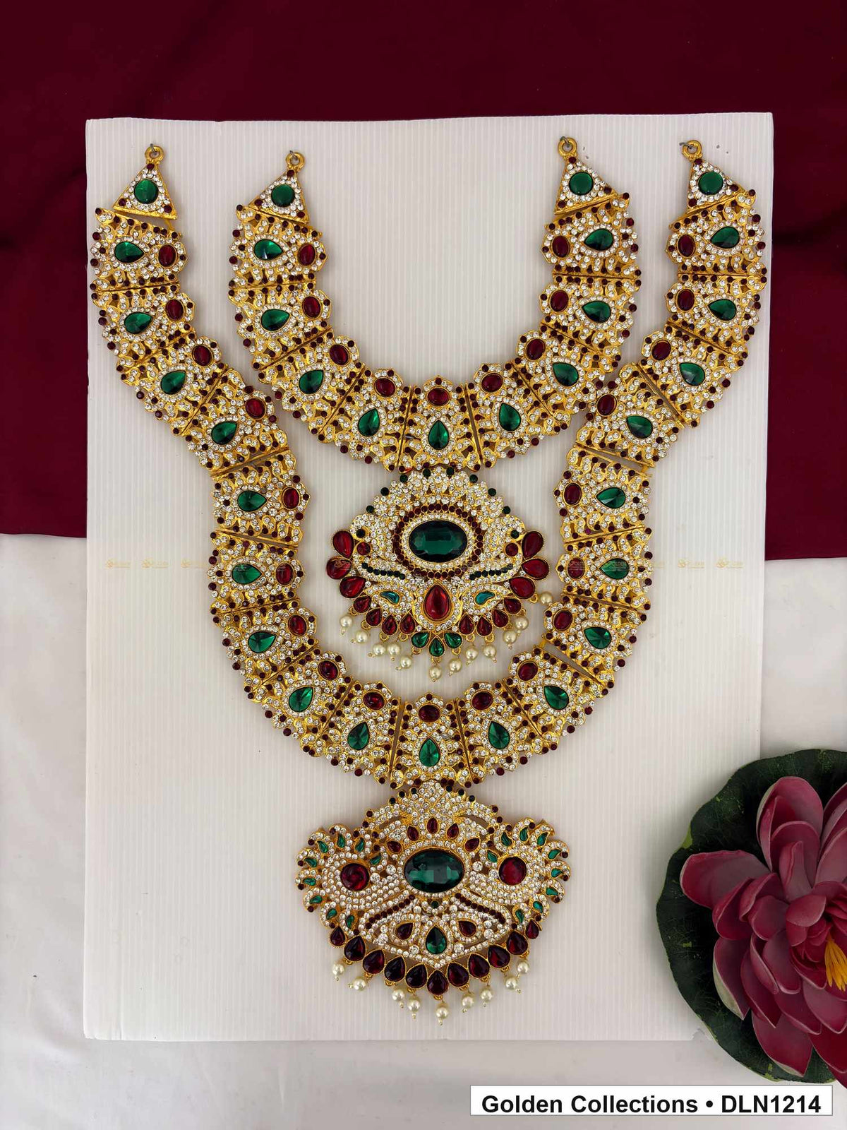 Red Green Floral Disc Deity Long Necklace for Idol Alankaram full product view for deity idol alankaram