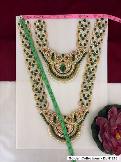 Alternate product view of Green Double Crescent White Drop Deity Long Necklace for Idol Alankaram for deity idol alankaram
