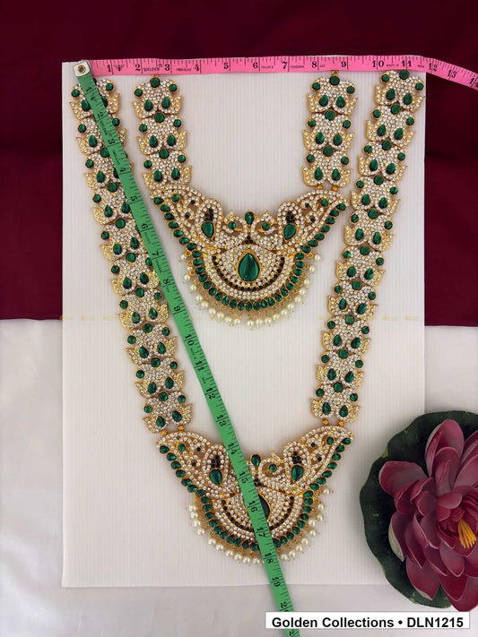 Alternate product view of Green Double Crescent White Drop Deity Long Necklace for Idol Alankaram for deity idol alankaram