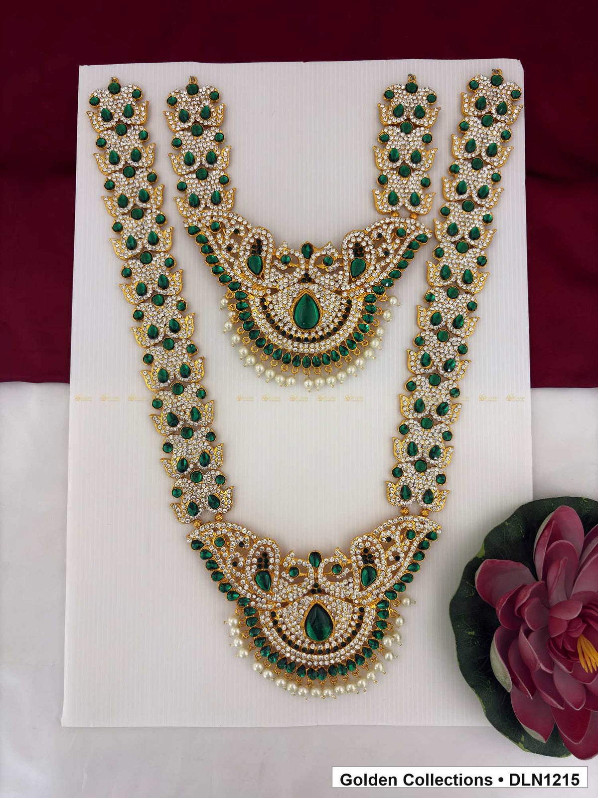 Green Double Crescent White Drop Deity Long Necklace for Idol Alankaram full product view for deity idol alankaram