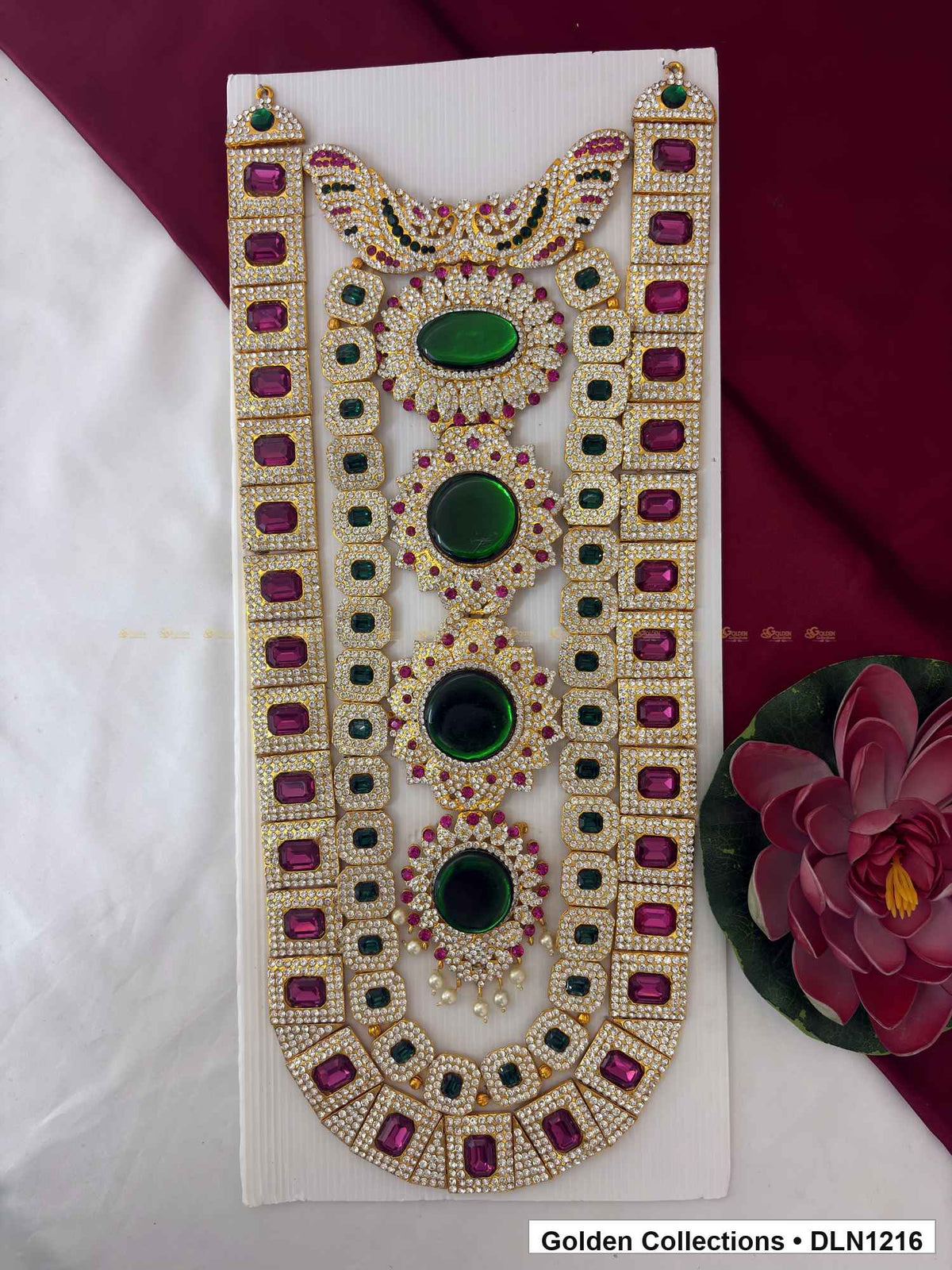 Purple Border Green Oval Cascade Deity Long Necklace for Idol Alankaram full product view for deity idol alankaram