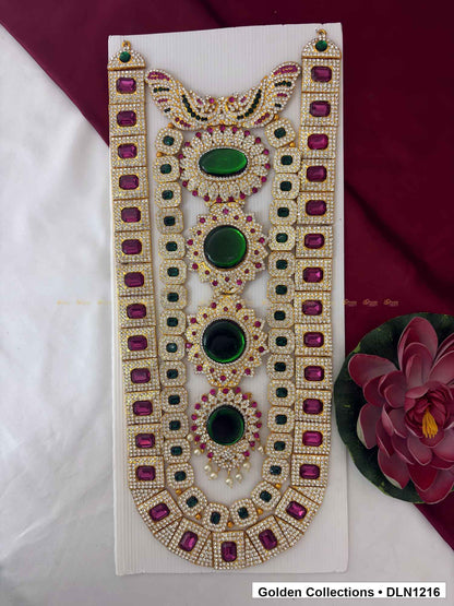 Purple Border Green Oval Cascade Deity Long Necklace for Idol Alankaram full product view for deity idol alankaram