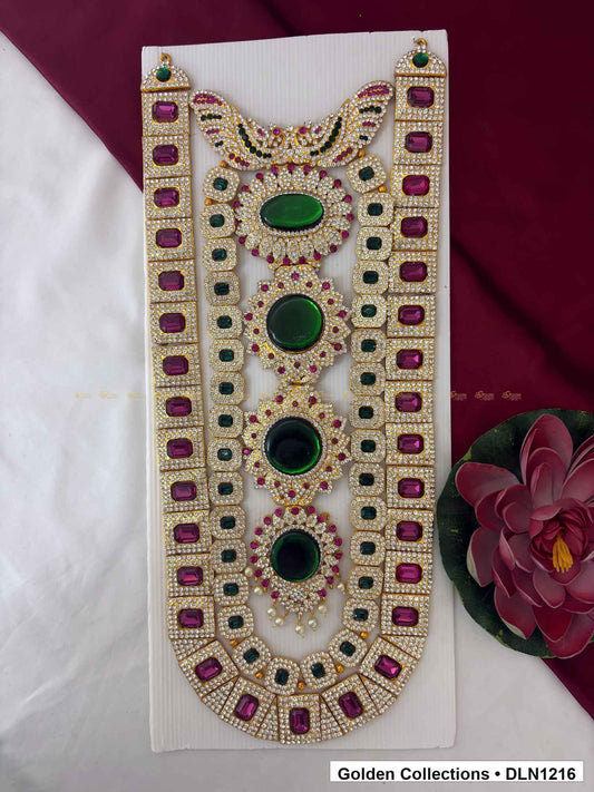 Purple Border Green Oval Cascade Deity Long Necklace for Idol Alankaram full product view for deity idol alankaram
