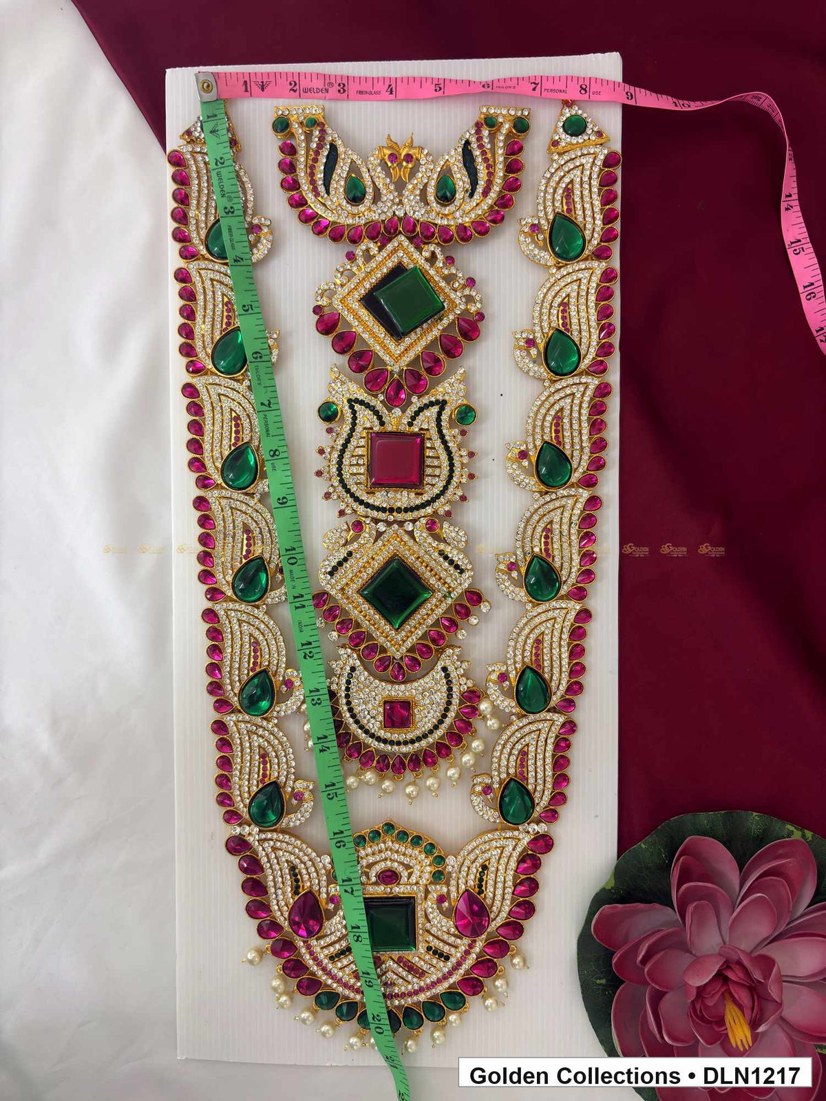 Alternate product view of Green and Pink Stacked Geometric Medallion Deity Long Necklace for Idol Alankaram for deity idol alankaram