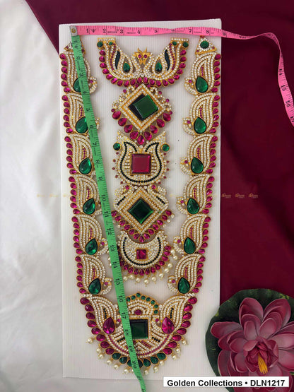 Alternate product view of Green and Pink Stacked Geometric Medallion Deity Long Necklace for Idol Alankaram for deity idol alankaram