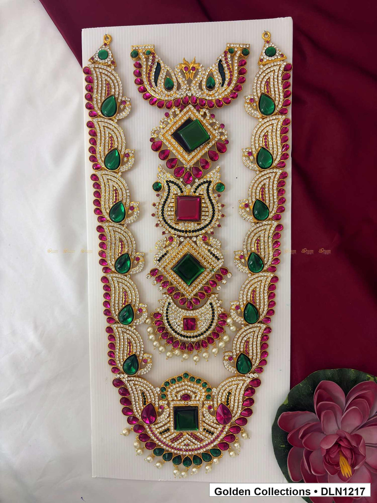 Green and Pink Stacked Geometric Medallion Deity Long Necklace for Idol Alankaram full product view for deity idol alankaram