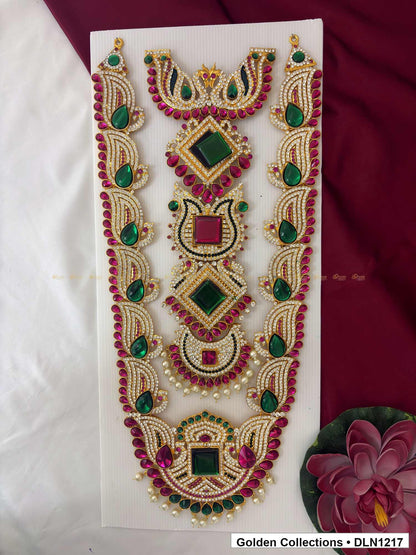Green and Pink Stacked Geometric Medallion Deity Long Necklace for Idol Alankaram full product view for deity idol alankaram