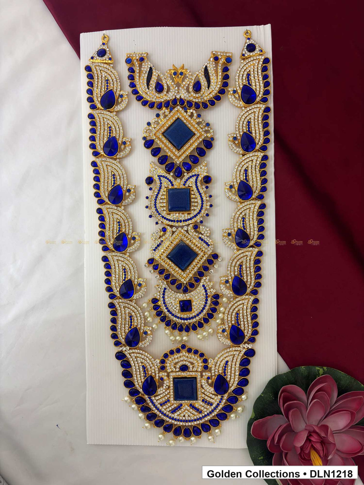 Blue Stacked Diamond Panel Deity Long Necklace for Idol Alankaram full product view for deity idol alankaram