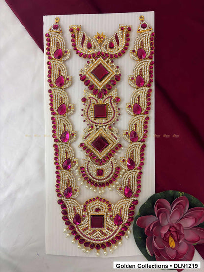 Pink Stacked Diamond Panel Deity Long Necklace for Idol Alankaram full product view for deity idol alankaram