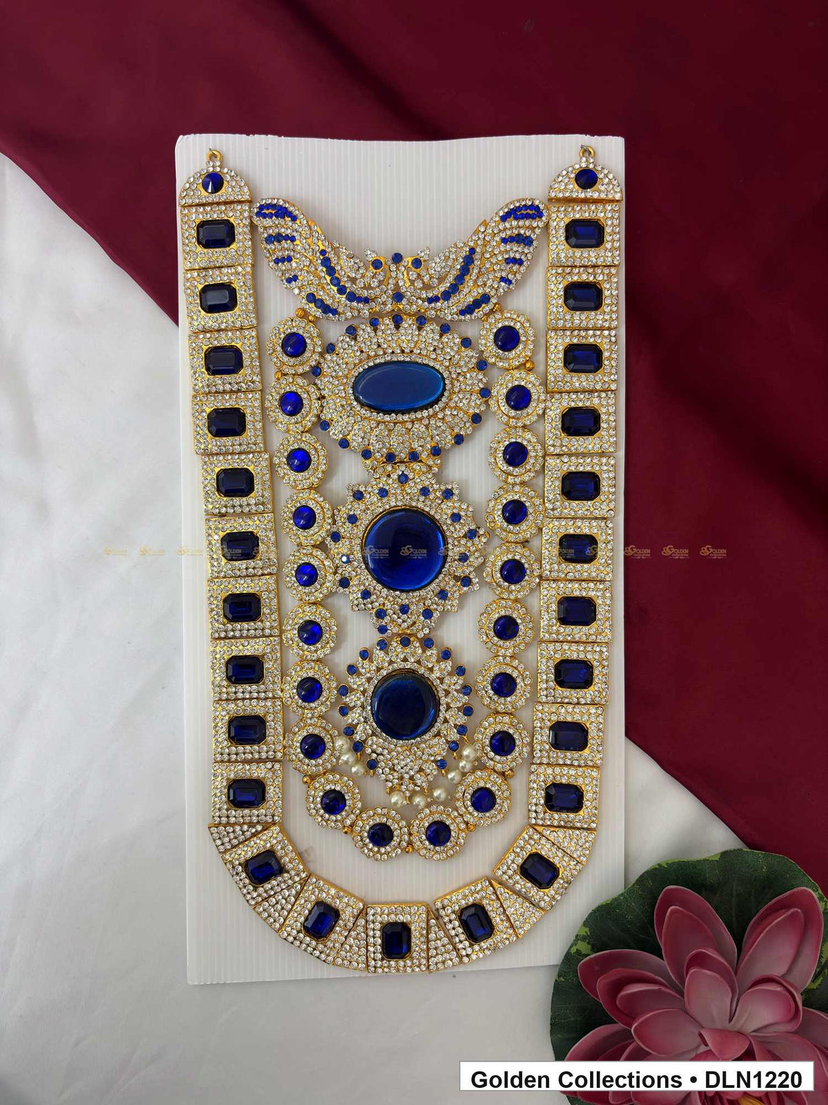 Blue Triple Oval Border Deity Long Necklace for Idol Alankaram full product view for deity idol alankaram