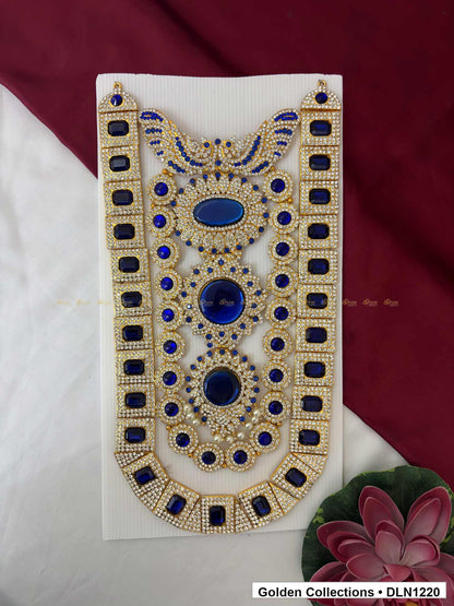 Blue Triple Oval Border Deity Long Necklace for Idol Alankaram full product view for deity idol alankaram