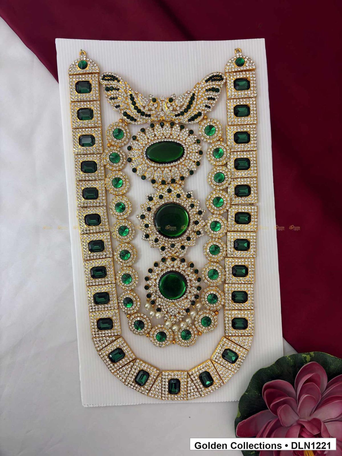 Green Triple Oval Border Deity Long Necklace for Idol Alankaram full product view for deity idol alankaram