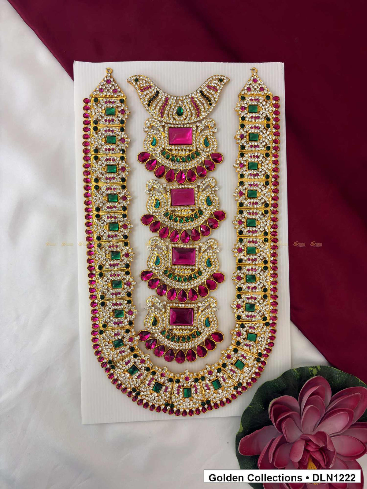 Pink Triple Crescent Panel Deity Long Necklace for Idol Alankaram full product view for deity idol alankaram