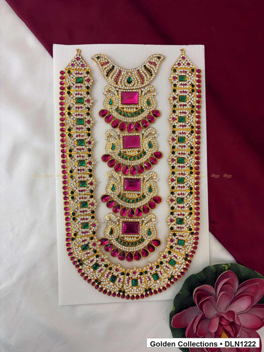 Pink Triple Crescent Panel Deity Long Necklace for Idol Alankaram full product view for deity idol alankaram