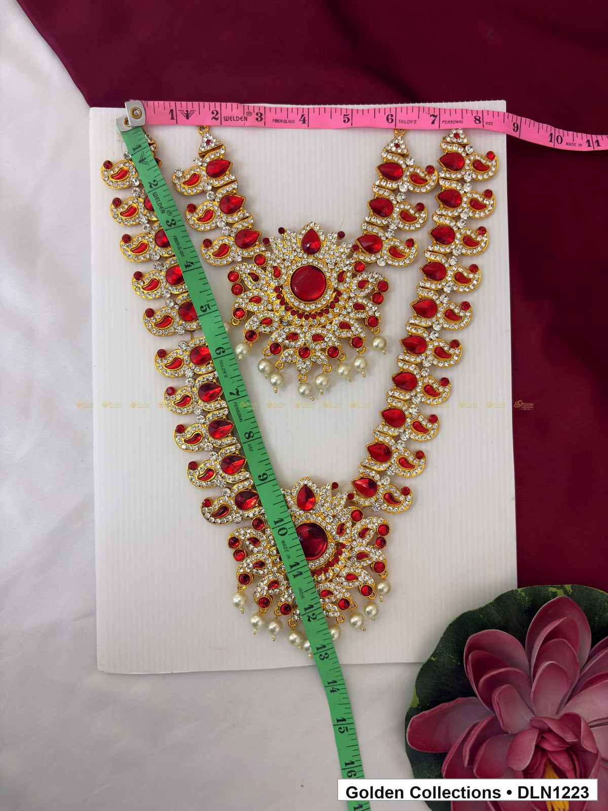 Alternate product view of Red Oval Link and Fan Medallion Deity Long Necklace for Idol Alankaram for deity idol alankaram