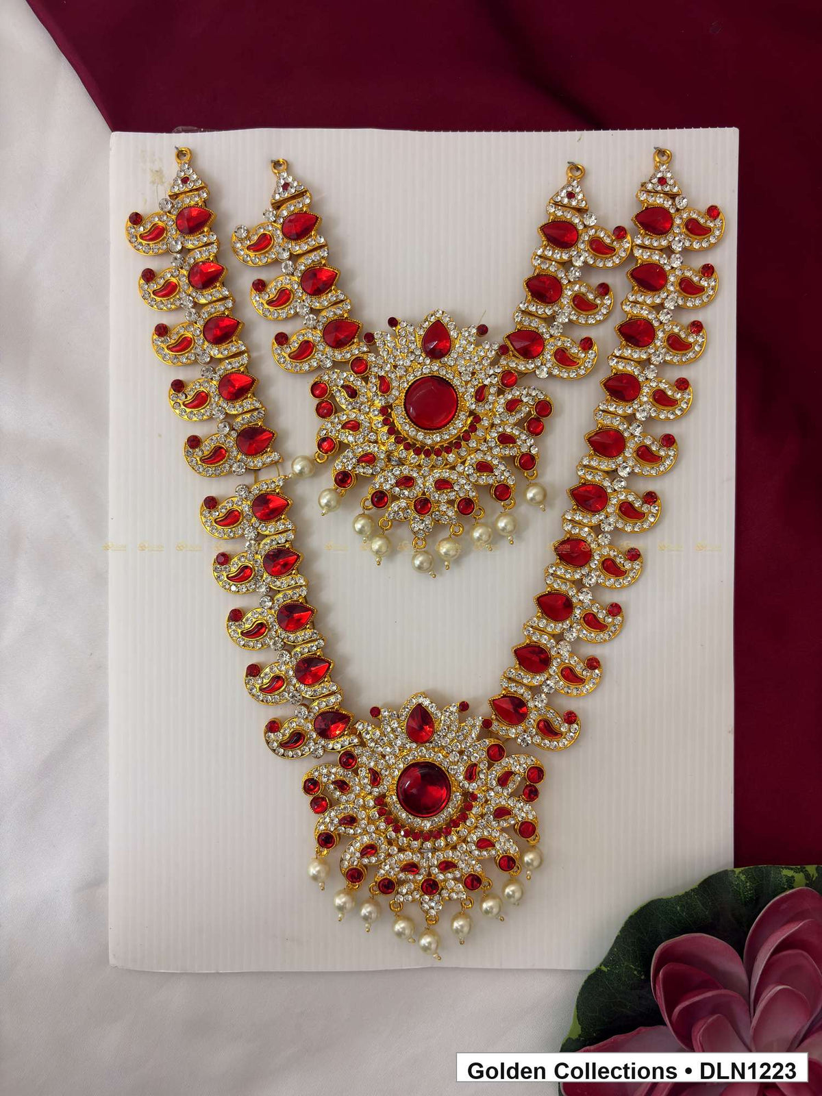 Red Oval Link and Fan Medallion Deity Long Necklace for Idol Alankaram full product view for deity idol alankaram