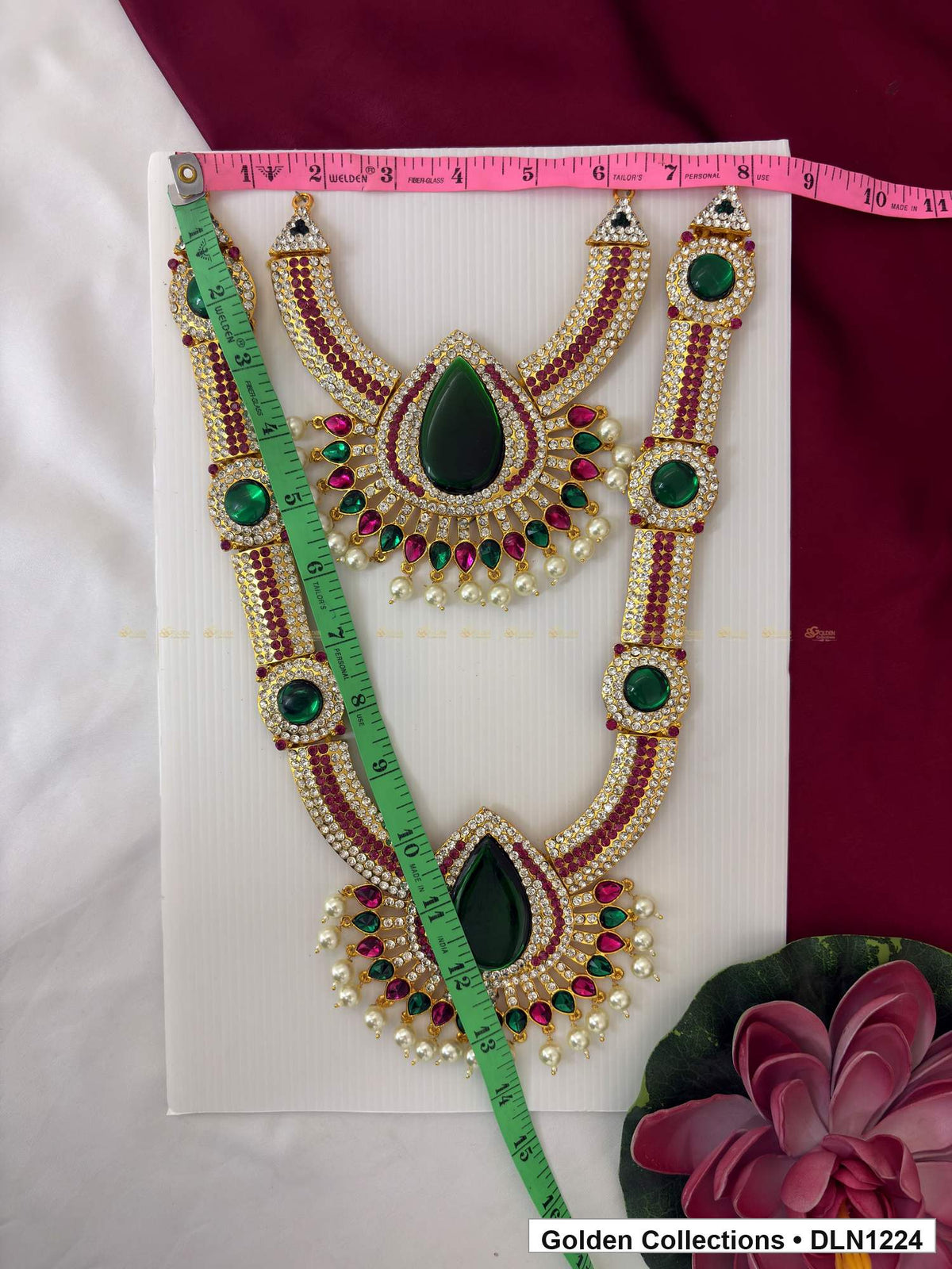 Alternate product view of Green Double Teardrop Medallion Deity Long Necklace for Idol Alankaram for deity idol alankaram