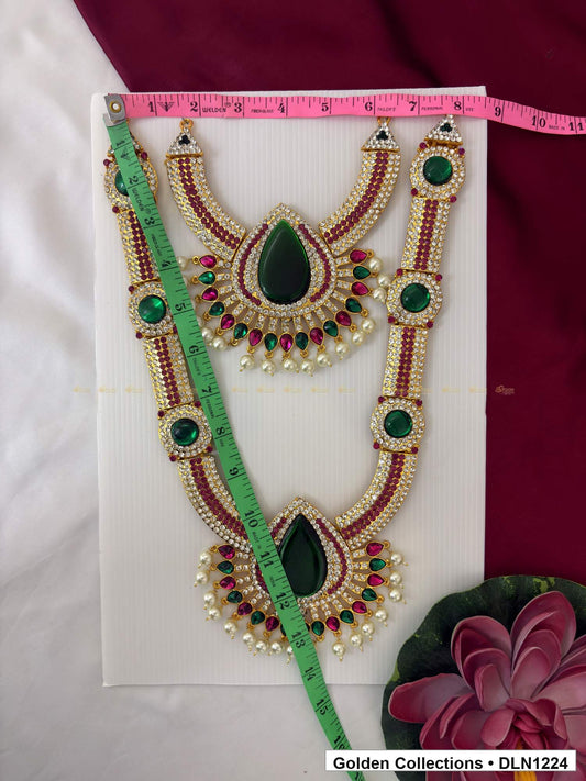 Alternate product view of Green Double Teardrop Medallion Deity Long Necklace for Idol Alankaram for deity idol alankaram