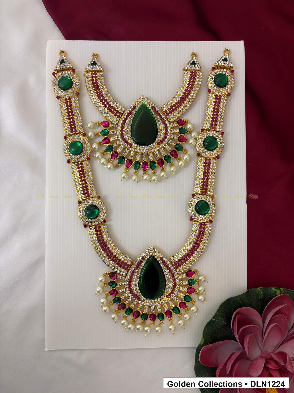 Green Double Teardrop Medallion Deity Long Necklace for Idol Alankaram full product view for deity idol alankaram