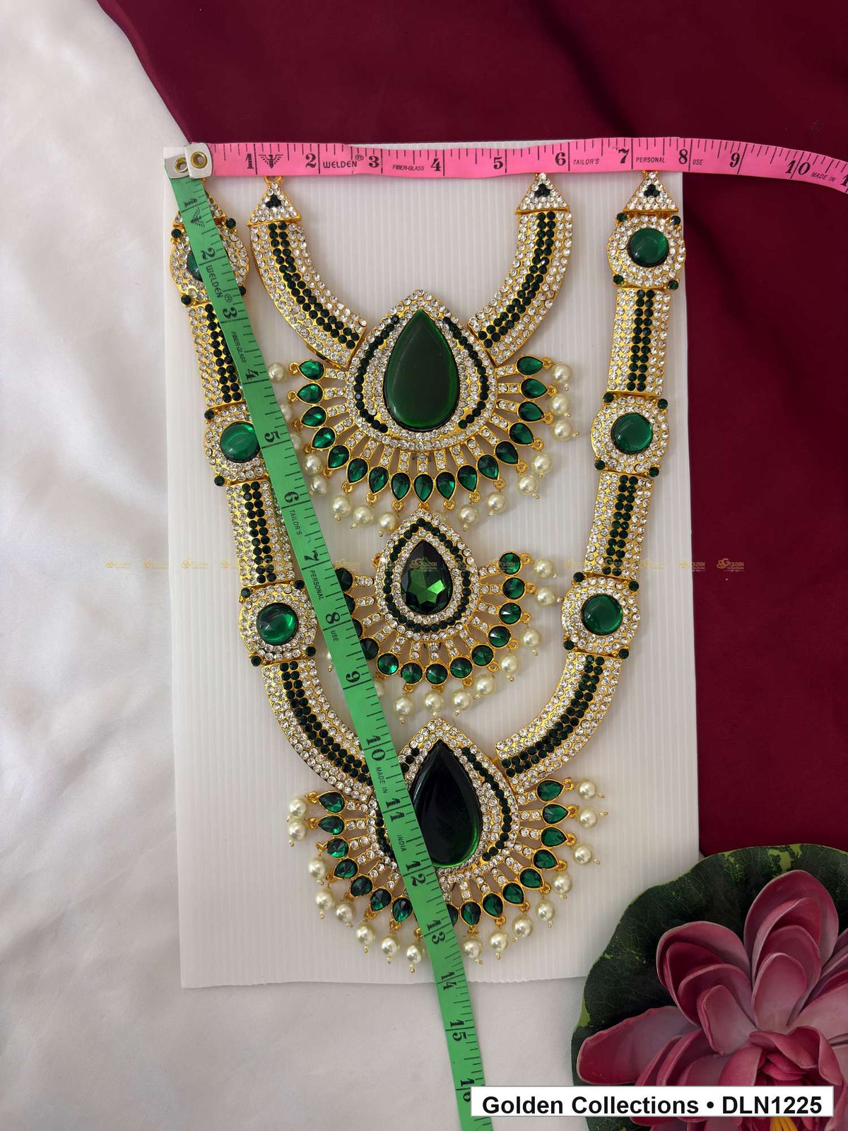 Alternate product view of Green Triple Teardrop Layered Deity Long Necklace for Idol Alankaram for deity idol alankaram