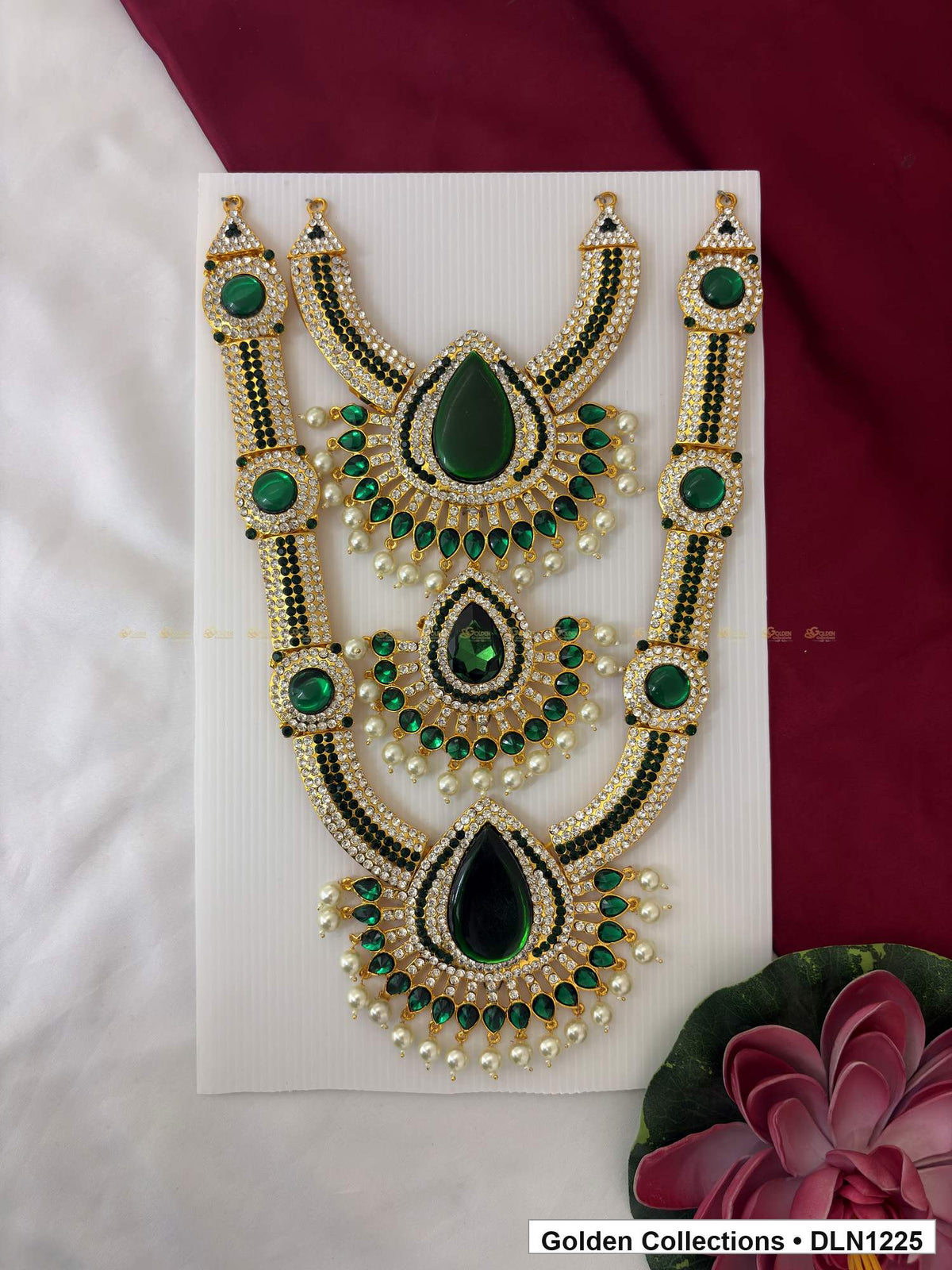 Green Triple Teardrop Layered Deity Long Necklace for Idol Alankaram full product view for deity idol alankaram