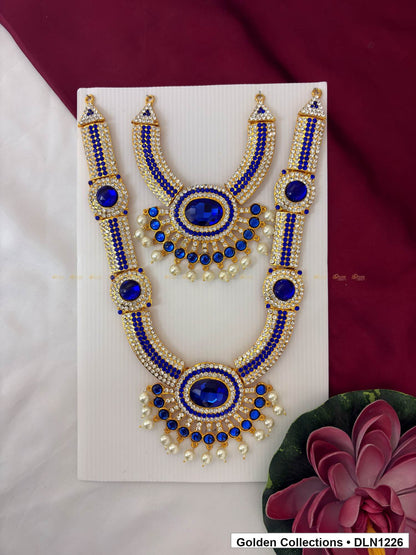 Blue Circular Medallion Double Layer Deity Long Necklace for Idol Alankaram full product view for deity idol alankaram