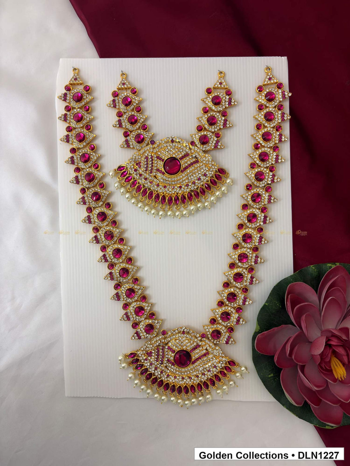 Pink Oval Link and Curved Fan Deity Long Necklace for Idol Alankaram full product view for deity idol alankaram