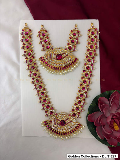 Pink Oval Link and Curved Fan Deity Long Necklace for Idol Alankaram full product view for deity idol alankaram