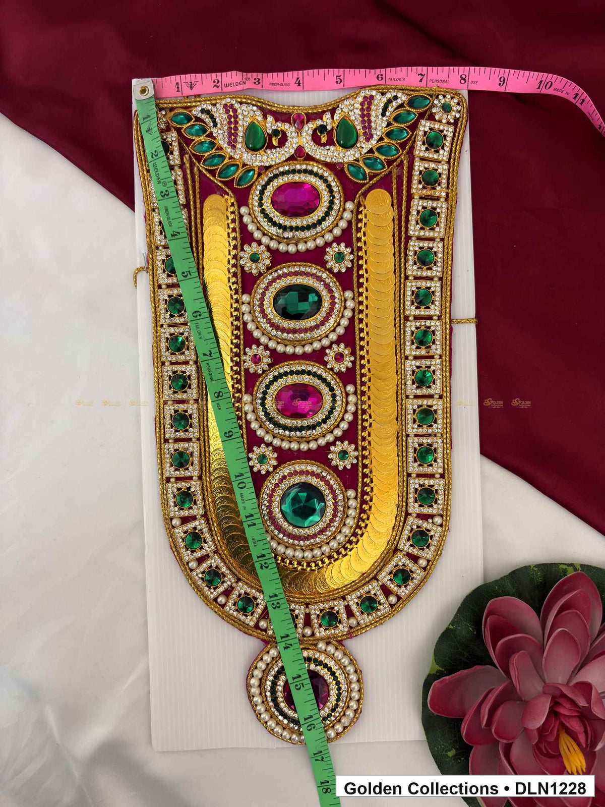 Alternate product view of Pink and Green Alternating Circle Panel Deity Long Necklace for Idol Alankaram for deity idol alankaram
