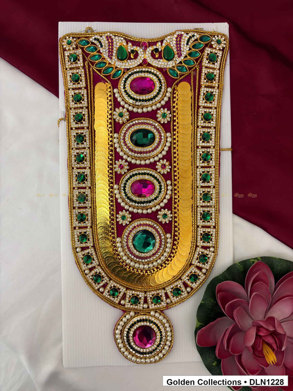 Pink and Green Alternating Circle Panel Deity Long Necklace for Idol Alankaram full product view for deity idol alankaram