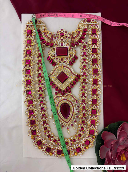 Alternate product view of Pink Square Diamond Teardrop Cascade Deity Long Necklace for Idol Alankaram for deity idol alankaram