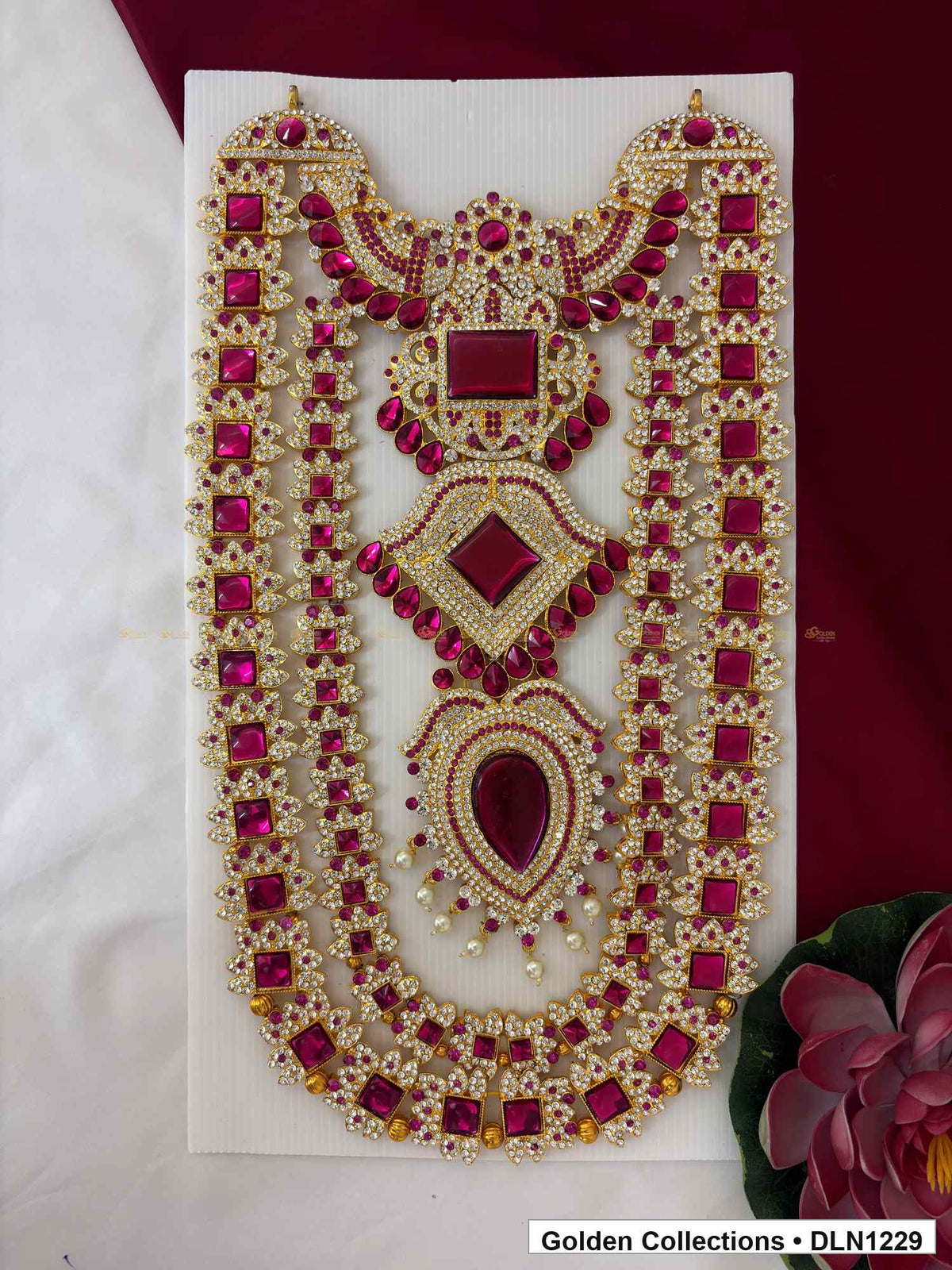 Pink Square Diamond Teardrop Cascade Deity Long Necklace for Idol Alankaram full product view for deity idol alankaram